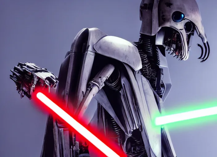 Image similar to portrait photo of general grievous with arms holding a lightsaber in each hand. cyberpunk horror style.