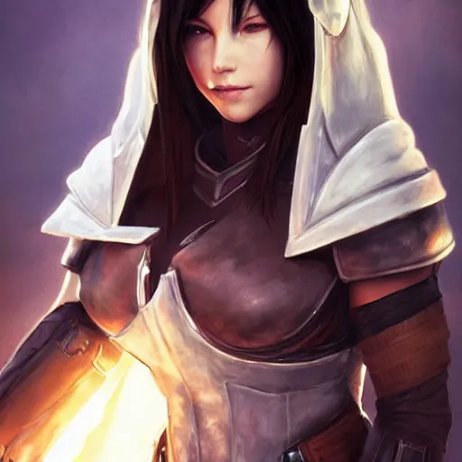 Prompt: tifa lockhart in destiny hunter armor, wearing a hooded cloak, beautiful face!!!!, 2 7 years old, cg animation, realistic, character select portrait, by artgerm, greg rutkowski, alphonse mucha, 3 d