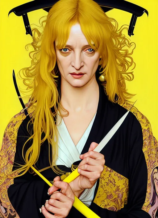 Image similar to uma thurman in kill bill, majestic sword warrior, rococo and art nouveau fusion, swinging reflective katana, yellow jumpsuit with black stripe, highly detailed, deep focus, elegant, digital painting, smooth, sharp focus, illustration, ultra realistic, japanese art by artgerm and alphonse mucha