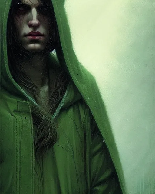 Image similar to portrait Green hooded jacket coat Hunter elf, long-haired By greg rutkowski, tom bagshaw, beksinski