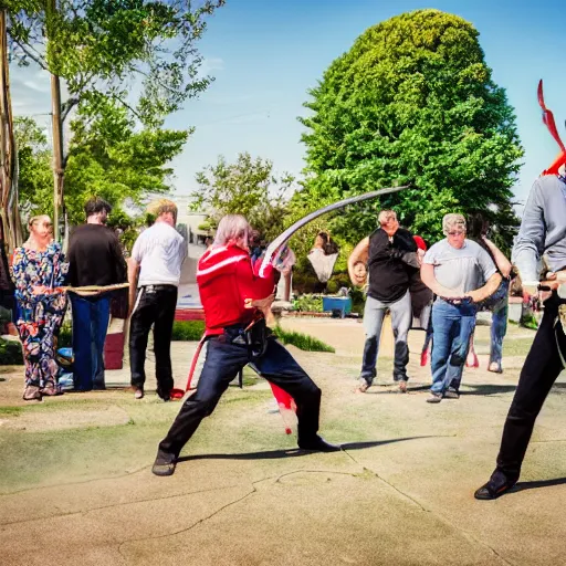 Prompt: people sword fighting at real estate auction, cinematic mid shots, high saturation color, where's wally