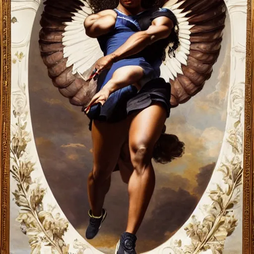 Prompt: Full body Portrait of Serena Williams in Nike gear as Nike Goddess, large wings, luxuriant, dreamy, eternity, romantic, strong pose, highly detailed, in the style of Franz Xaver Winterhalter, highly detailed, in the style of Aetherpunk