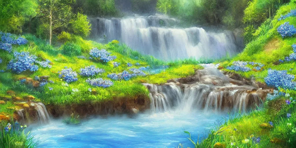 Image similar to a fantasy meadow landscape with waterfall, lake, river, and patches of blue flower, digital art, painterly, oil painting, matte