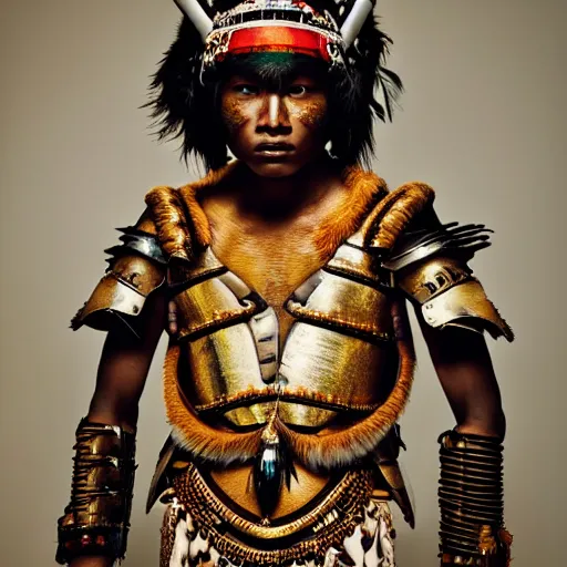 Prompt: a portrait of a beautiful young tribal male wearing an alexander mcqueen armor , photographed by andrew thomas huang, artistic