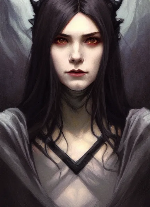 Image similar to long face, sharp features, girl, portrait, devil smile, grey eyes, black hair, dark cloak, dnd, art by artgerm and greg rutkowski and alphonse mucha, trending on artstation, cinematic light, pastel colors, volumetric shading, high radiosity dull skin, global illumination, radiant light, soft light, soft color dodge, subsurface scattering