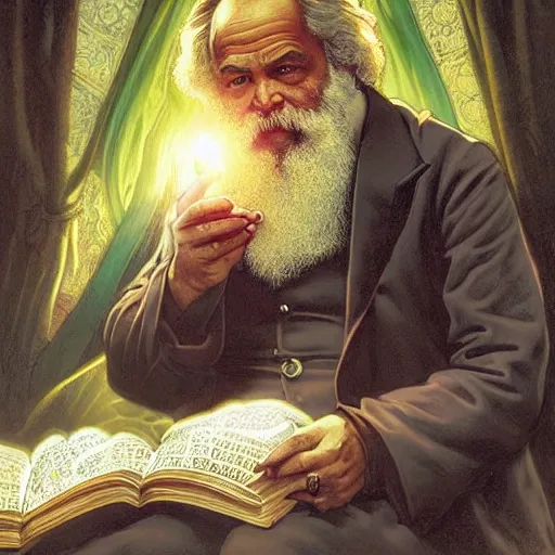 Image similar to Karl Marx pondering his orb, highly detailed, digital painting, artstation, concept art, smooth, sharp focus, illustration, art by todd lockwood and magalie villeneuve and alan lee and artgerm and greg rutkowski and alphonse mucha