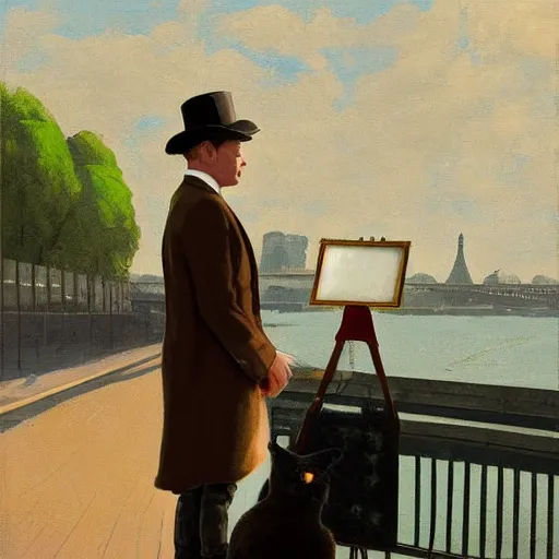 Image similar to ewan mcgregor is standing by the river seine on a bridge in the morning. he is wearing a gentleman ´ s outfit with a bowler hat. next to him at his feet is lying a brown cat. ewan mcgregor is painting a canvas that is put on an easel. morning light. early 2 0 th century paris. vivid colours, digital art, by miyazaki