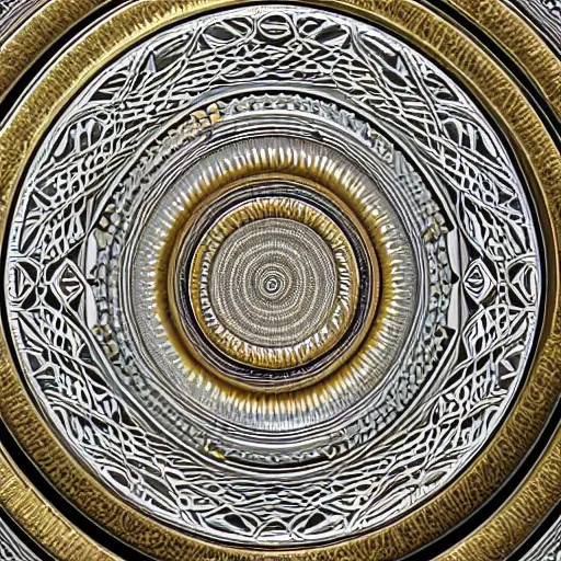 Prompt: three dimensional multilayered patterns inside a circle, intricate detail, complex, gold, silver, obsidian, white