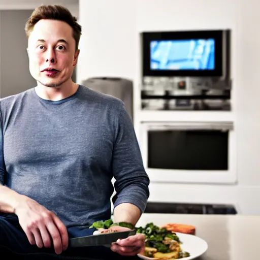 Image similar to picture of elon musk watching tv while cooking a meal, good lighted photo, sharp details, detailed, hd, hdr