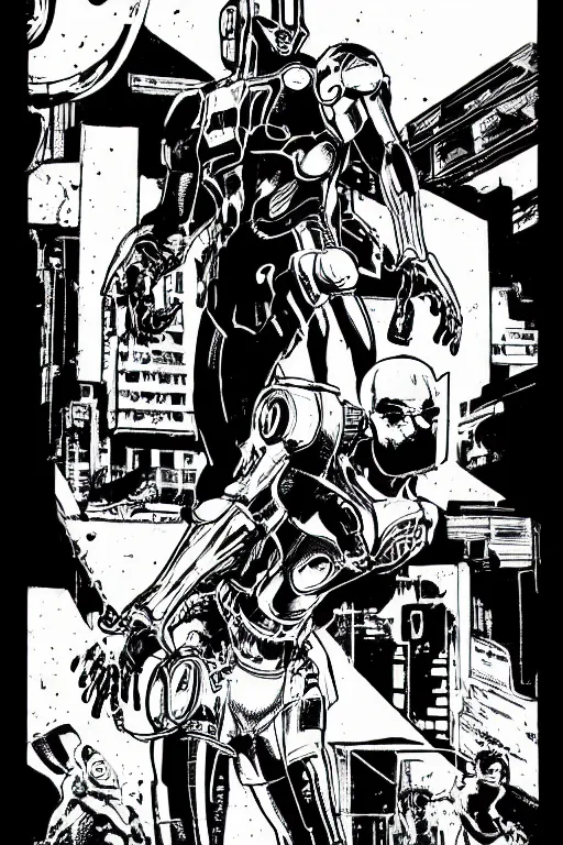 Image similar to ultron, a page from cyberpunk 2 0 2 0, style of paolo parente, style of mike jackson, adam smasher, johnny silverhand, 1 9 9 0 s comic book style, white background, ink drawing, black and white