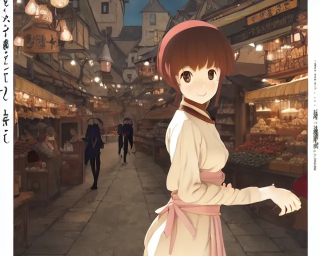 Image similar to anime visual, portrait of a young female traveler in an open medieval market shopping, cute face by yoh yoshinari, katsura masakazu, dynamic pose, dynamic perspective, strong silhouette, anime cels, ilya kuvshinov, cel shaded, crisp and sharp, rounded eyes, moody