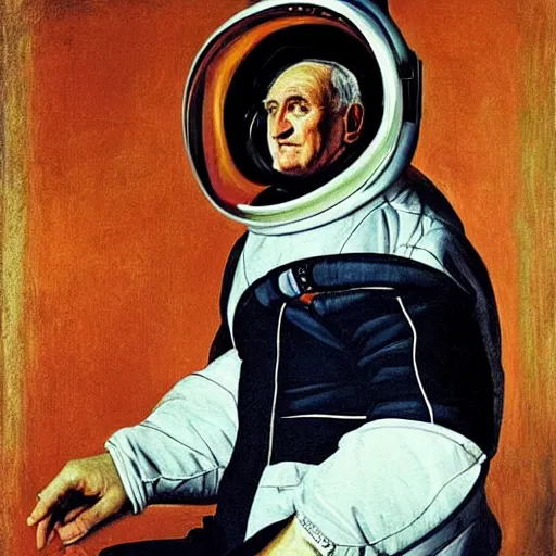 Image similar to Bertie Ahern wearing an astronaut helmet, painted by Caravaggio