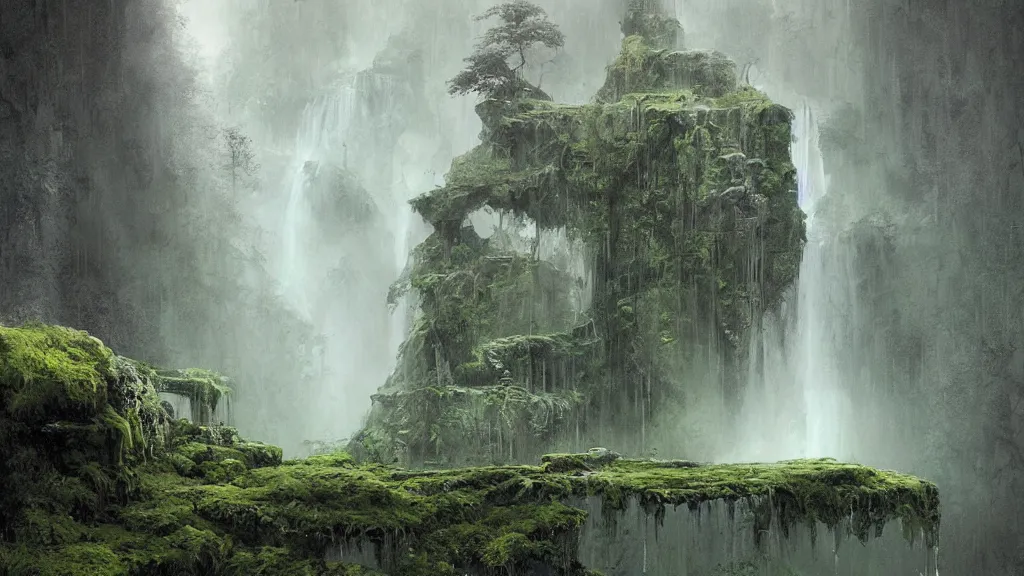 Prompt: waterfall, moss, gnarly monolith with snakes and symbols, rain, digital painting, sharp, digital art by Beksinski, Ruan Jia, Rudolf Béres