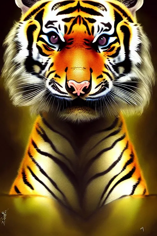 Prompt: clear portrait of a baby tiger, cottagecore!!, background hyper detailed, character concept, full body, dynamic pose, glowing lights!! intricate, elegant, highly detailed, digital painting, artstation, concept art, smooth, sharp focus, illustration, art by artgerm and greg rutkowski and alphonse mucha