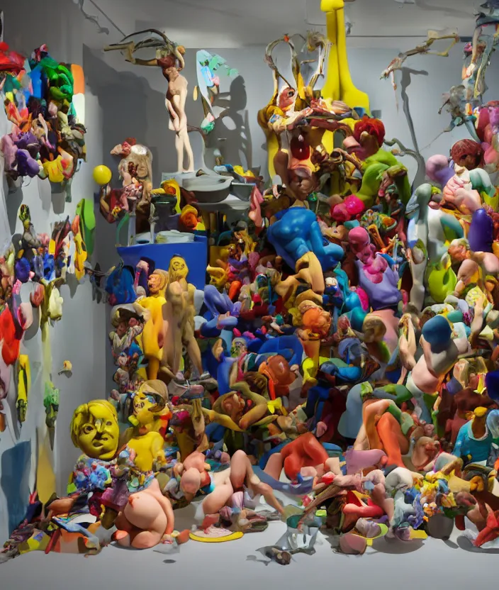Image similar to a claymation film still of a contemporary sculpture / collection / contemporary art / gallery / museum / claymation by jeff koons and bruce bickford