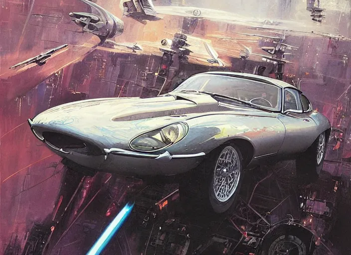 Prompt: ( ( ( ( ( jaguar e - type car, car concept art, sci - fi illustration, painting, in the style of star wars ) ) ) ) ) by vincent di fate and john berkey and blade runner 2 0 4 9!!!!!!!