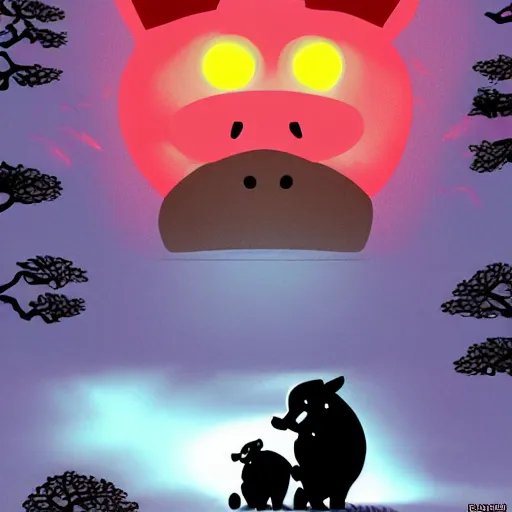 Image similar to a shadow man with a red glowy eyes fighting a big piglet the background is a japanese forest