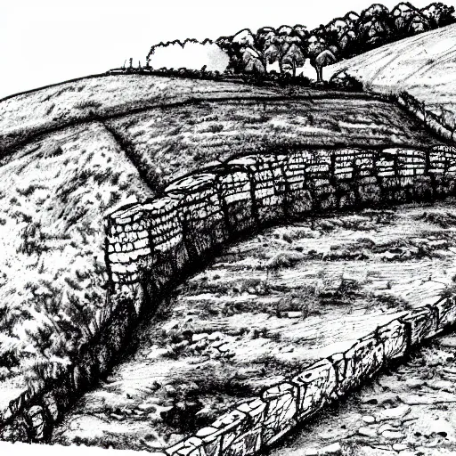 Image similar to pen illustration of hadrian's wall