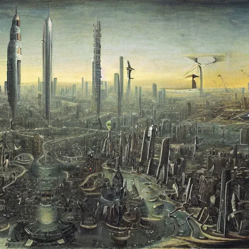 Prompt: a futuristic city painted by bosch.