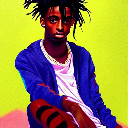 Prompt: a painting of playboi carti by damon albarn, cel shaded, dynamic perspective, detailed facial features, rounded eyes, low light