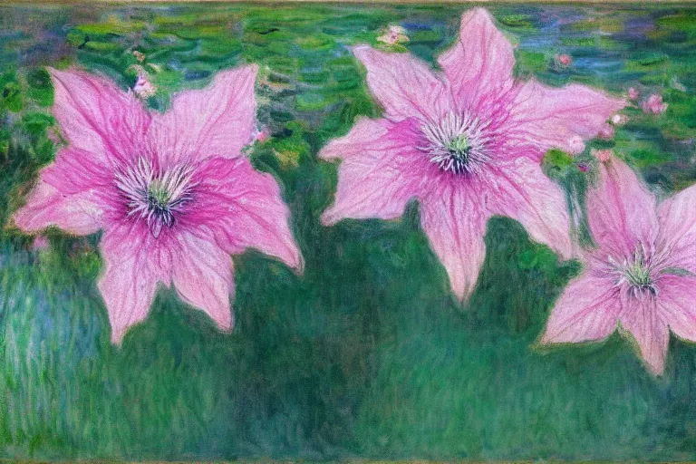 Image similar to beautiful pink dripping clematis by claude monet, oil on canvas