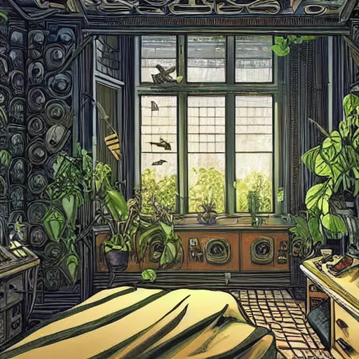 Image similar to Interior of a bedroom on a spaceship, in the background is large window showing a view of outer space, lush plants are spread around the room, intricate, elegant, highly detailed, smooth, sharp focus, detailed face, high contrast, graphic novel, art by Ardian Syaf,