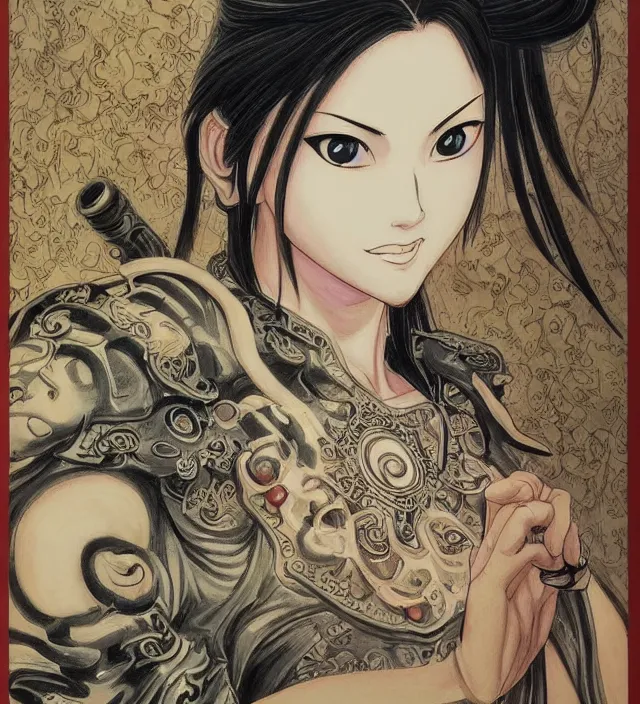 Prompt: buddhist taoist drawing painting of a beautiful girl portrait in alex ross frank miller giger gantz onepunchman miura kentaro style detailed trending award winning