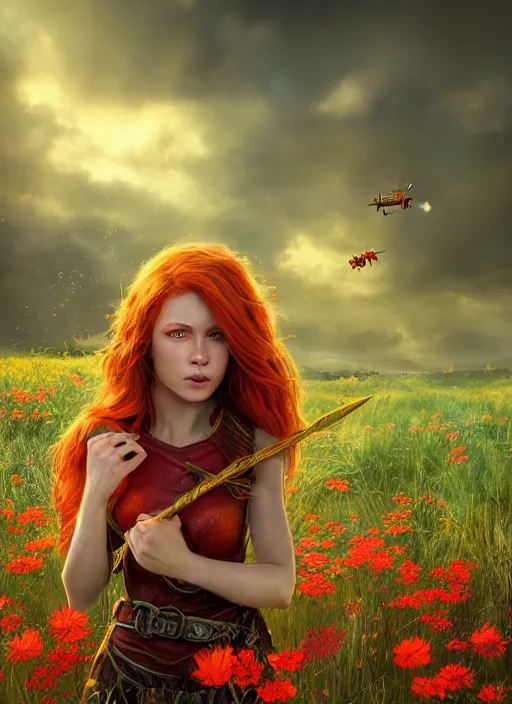 Prompt: An epic fantasy comic book style portrait painting of a young red headed girl with a tiny bright golden bee engraved on her exposed shoulder in a field of flowers , unreal 5, DAZ, hyperrealistic, octane render, cosplay, RPG portrait, dynamic lighting