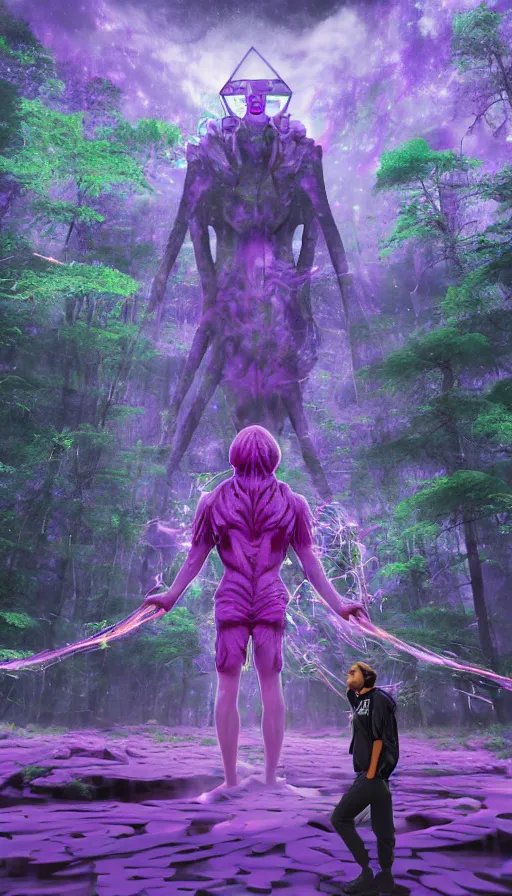 Prompt: a future sci fi ancient god on the middle of a purple forest looking to a young male dressed with streetwear holding a portal that's about to explode, abandoned city with graffiti, sweat drops, insane, intricate, highly detailed, voxel art, smooth, sharp focus, Unreal Engine 5, 8K, art by Diego Velázquez