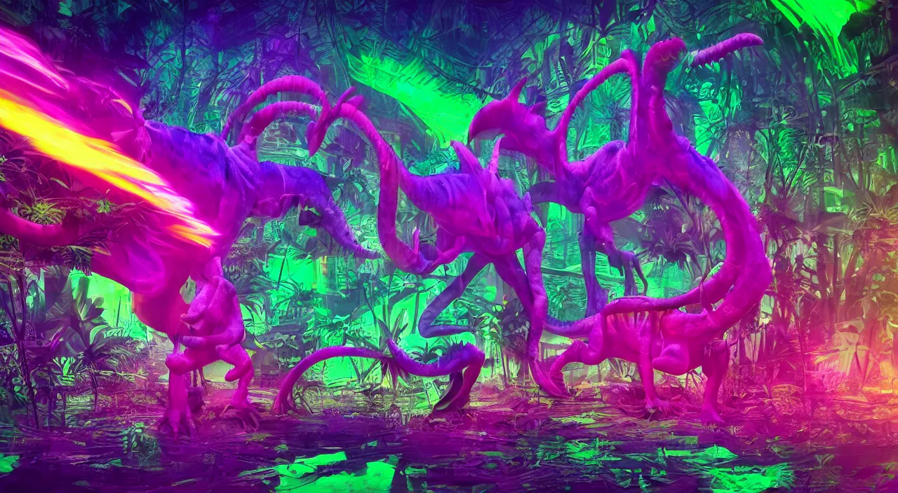 Image similar to spectral purple neon dinosaur, spectral neon pink dinosaur, spectral yellow neon dinosaur, green jungle background, detailed, ultrawide landscape