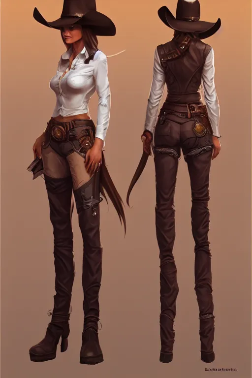 Image similar to full body, female cowgirl, perfect face, white blouse, holster, 8 k, magic the gathering, desert, d & d, artstation, high detail, smooth, sweaty character concepts by senior concept artist