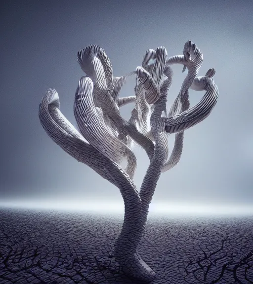 Image similar to surreal white tree made of snakes, futuristic in the desert, foggy sky, dark night, octane render, unreal engine, pale colors, high detail, 8 k, wide angle, trending on artstation, behance