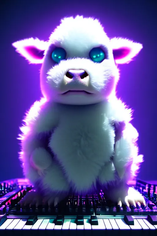 Image similar to high quality 3 d render very cute neuromancer fluffy! mutant cow hybrid! playing keyboard, highly detailed, unreal engine cinematic smooth, in the style of blade runner & detective pikachu, hannah yata charlie immer, moody blue light, low angle, uhd 8 k, sharp focus