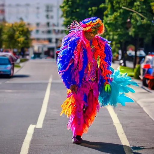 Prompt: a man made of colorful feather boas walking across the street