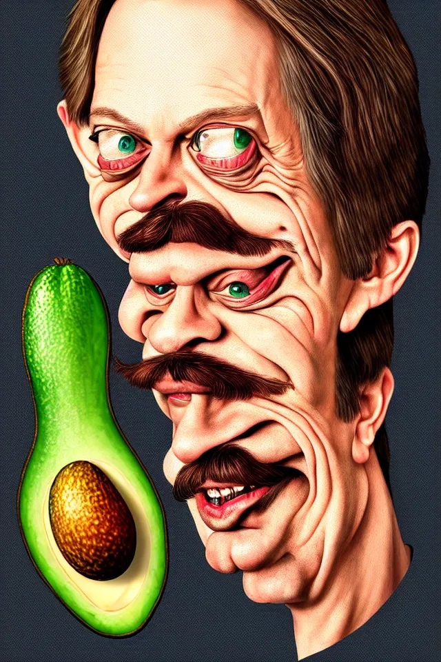 Prompt: caricature renaissance portrait of steve buscemi as a highly detailed respected dragonskinned avocado, fake mustache, dramatic cinematic lighting, 8 k, beautiful intricate painting