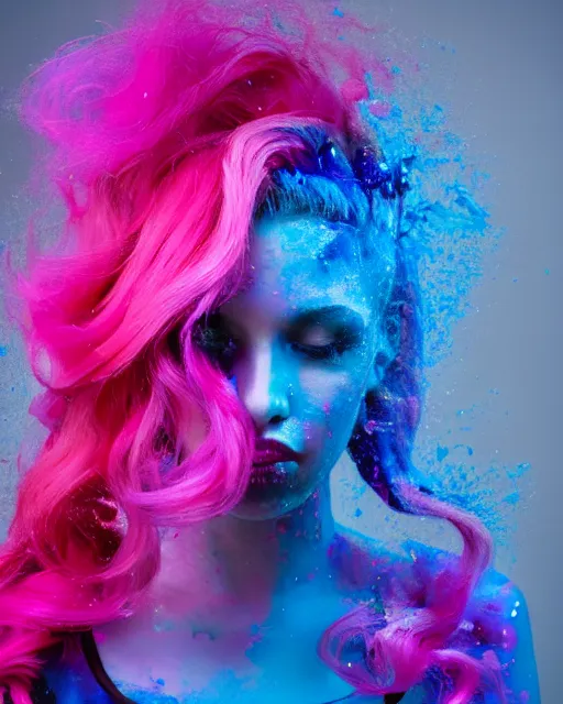 Image similar to a dramatic lighting photo of a beautiful young woman with cotton candy hair. paint splashes. with a little bit of cyan and pink