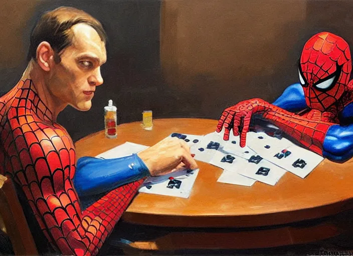 Image similar to a highly detailed beautiful portrait of spiderman playing poker, by gregory manchess, james gurney, james jean