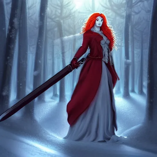 Image similar to A woman and a man are standing in the snow, the woman is leaning against the man, the man has long red hair, the woman has blonde long hair, the man has a red thick sword, the woman has a thin, long sword, a tree almost fully covered in bulky snow, concept art by Fabien Charuau, trending on pixiv, fantasy art, official art, wiccan, concept art, 4k, sharp details