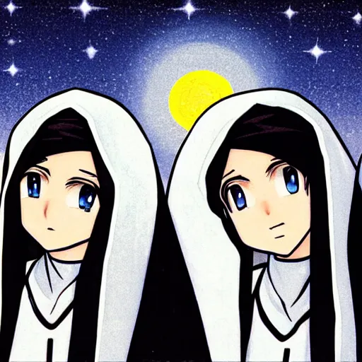 Prompt: two identical beautiful female nuns under clear night sky, detailed anime art, upscaled