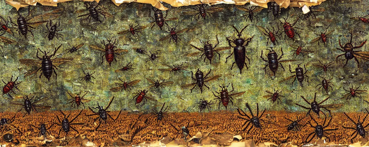 Image similar to strange giant insects, beetles and flies, swarming in a cornfield, oil painting by max ernst and anselm kiefer, decay, mixed media, textured, sharp focus, highly detailed, photographic emulsion cracked and peeling, rust, cinematic lighting, 8 k, hd