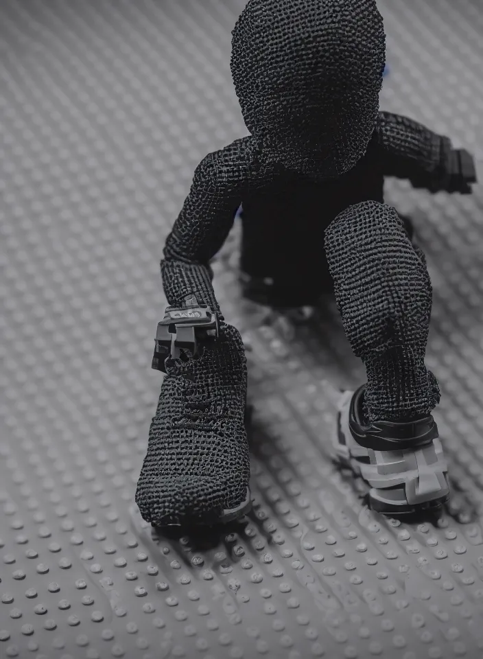 Image similar to macro photo of evil man lego figure in black adidas sportswear, black cap on head, ambient lighting