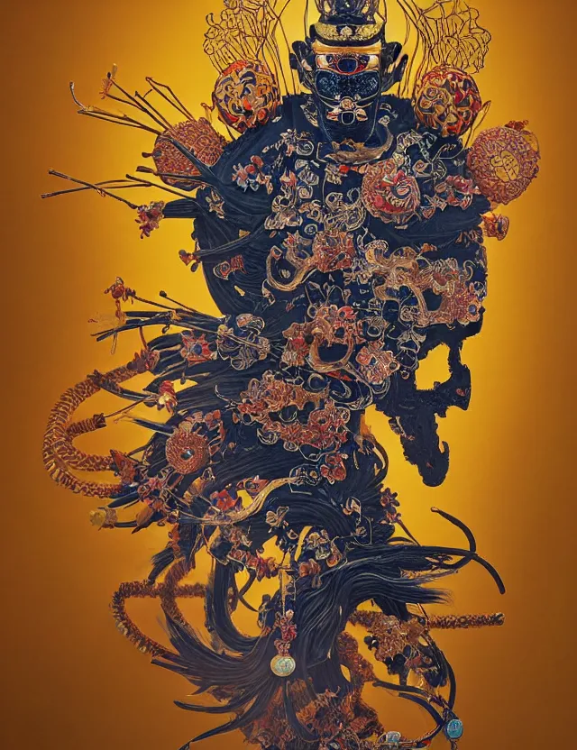 Prompt: the yey of god portrait with mask and crown made of ram skull. beautiful intricately detailed japanese crow kitsune mask and clasical japanese kimono. betta fish, jellyfish phoenix, bioluminescent, plasma, ice, water, wind, creature, super intricate ornaments artwork by tooth wu and wlop and beeple and greg rutkowski