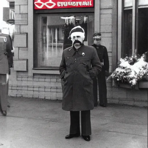 Image similar to stalin standing outside mcdonalds, dressed as santa, color historical photo