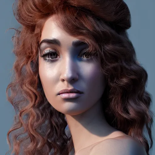 Image similar to a profile of gypsy girl with long curly hair and big goat horns, octane render, 4 k, 8 k, behance hd