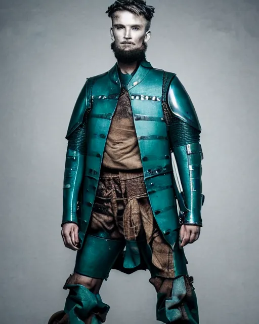 Prompt: an award - winning photo of a ancient male model wearing a baggy teal distressed medieval menswear leather jacket slightly inspired by medieval armour designed by alexander mcqueen, 4 k, studio lighting, wide angle lens