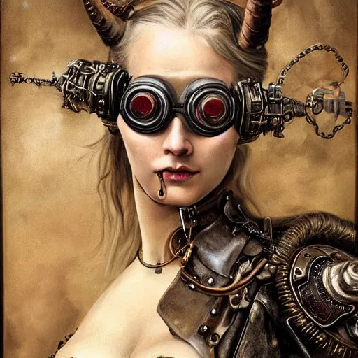 Image similar to a hyperrealistic portrait painting of a beautiful woman with demonic horns wearing steampunk goggles and ornate leather armor, holding a hi - tech weapon, by santiago caruso, highly detailed,