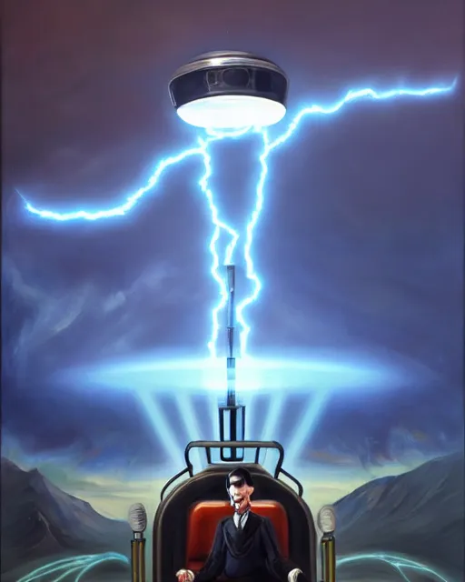 Image similar to an amazing oil painting of Nikola Tesla as a supervillain flying over a vast landscape with electric superpowers electrifying the world with his new giant tesla coil doom machine, sci-fi steampunk concept art, trending on artstation, HD, 4k, 8k