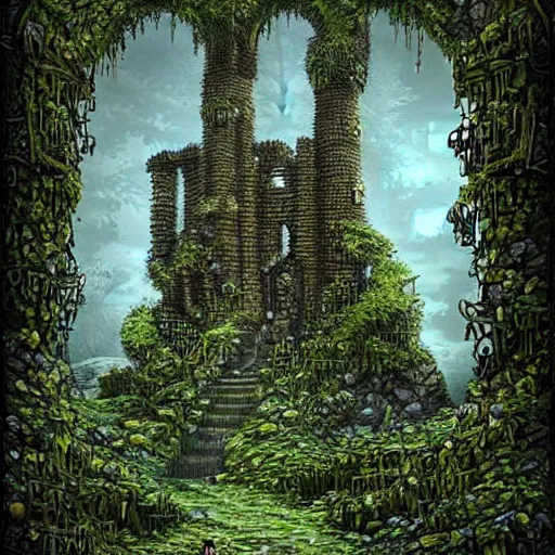 Image similar to ruined tower covered in creepers, beautiful, intricate, detailed, digital art