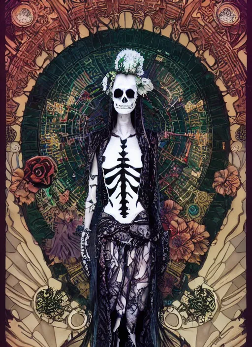 Image similar to cute punk goth fashion fractal skeleton girl posing by Zhang Jingna, poster art by Dan Mumford Kilian Eng Hannah Jeffrey Smith Rick Griffin Alphonse Mucha