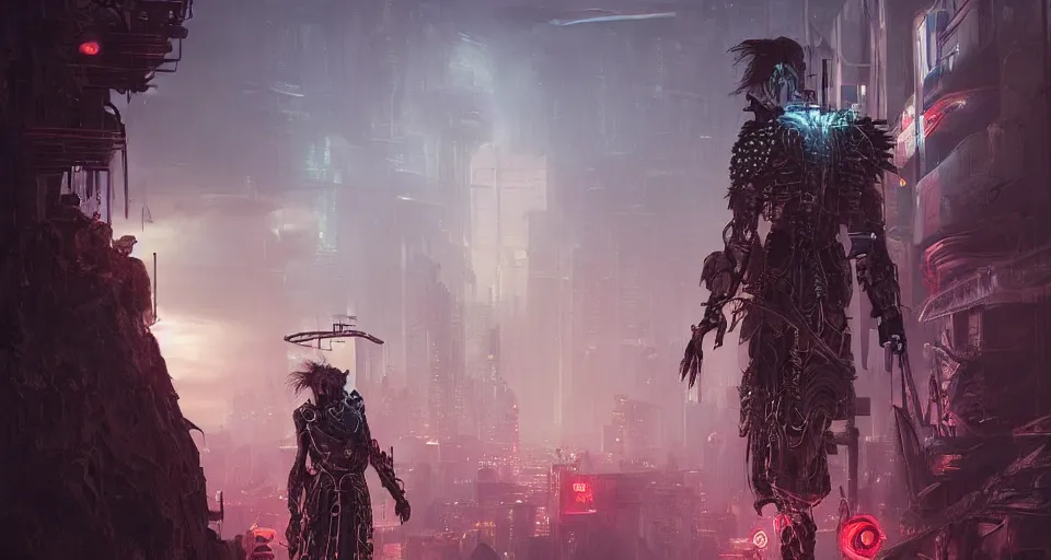 Image similar to cyberpunk gladiator, cinematic, highly detailed, octane render, cg, rich cinematic atmosphere, perfect digital art, mystical journey in strange world, Mystical, cyberpunk, tech war, sci-fi, surreal, glowing lights, sharp focus, high detailed, by Akihiko Yoshida, michael whelan and Karol Bak - H 1024